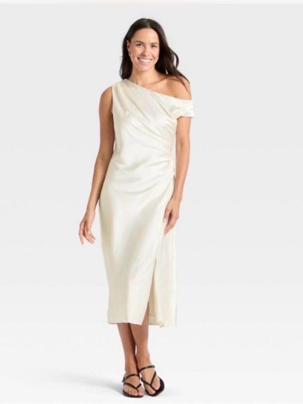 NWT A New Day Women's Satin Off-the-Shoulder Maxi Dress Ivory Sz M Elegant